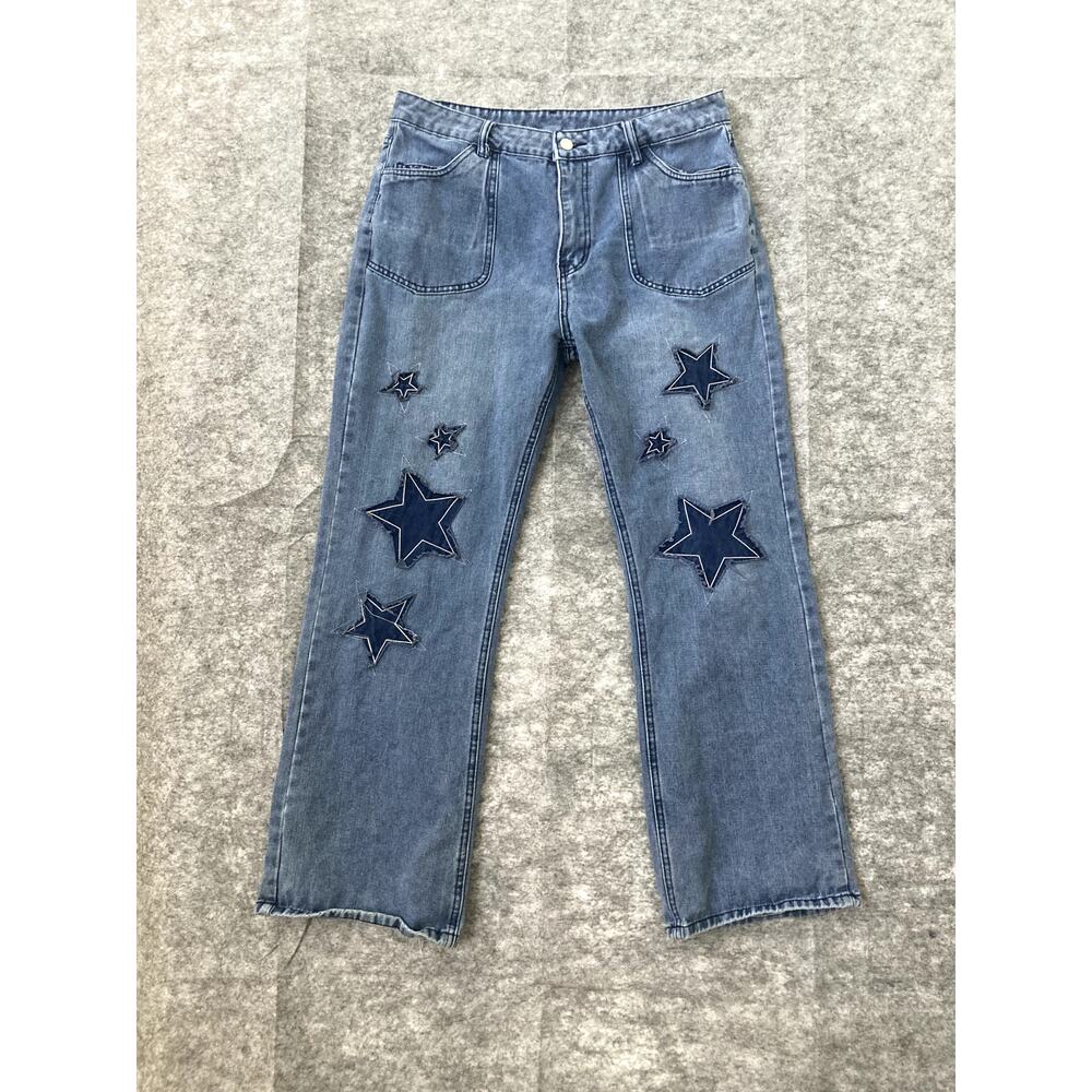 Womens denim jeans boot leg cut blue embroidered star Cowboys distressed